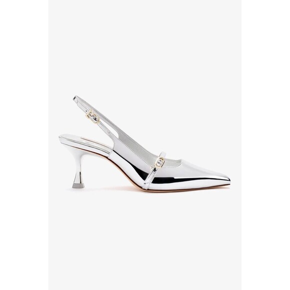Larroude Ines Metallic Silver Mary Jane Pointed Toe Sculptural Kitten Heels Sz 7 - Picture 1 of 16